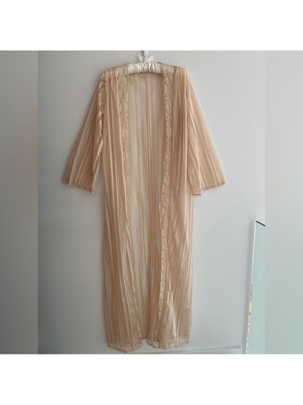 VINTAGE Frederick’s of Hollywood Sheer Long Open Robe Peignoir Lace Trim Neutral